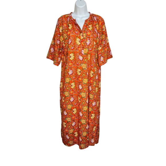 DRA Los Angeles Anthropologie Block Print Shirt Dress Orange Floral Medium - Picture 3 of 11